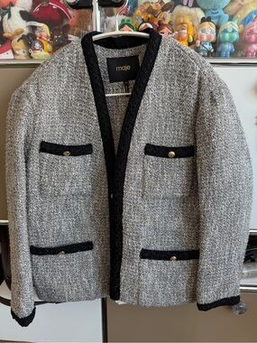 Maje Gray Tweed Jacket with Black Trim